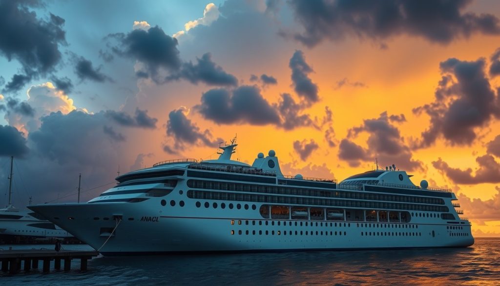 Large cruise ship at port with dark storm clouds forming overhead, representing the value of travel insurance for missed ports