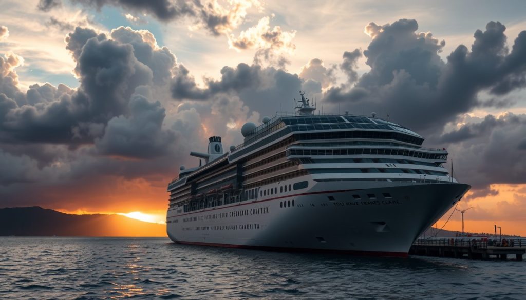 Large cruise ship at port with dark storm clouds forming overhead, representing the value of travel insurance for missed ports