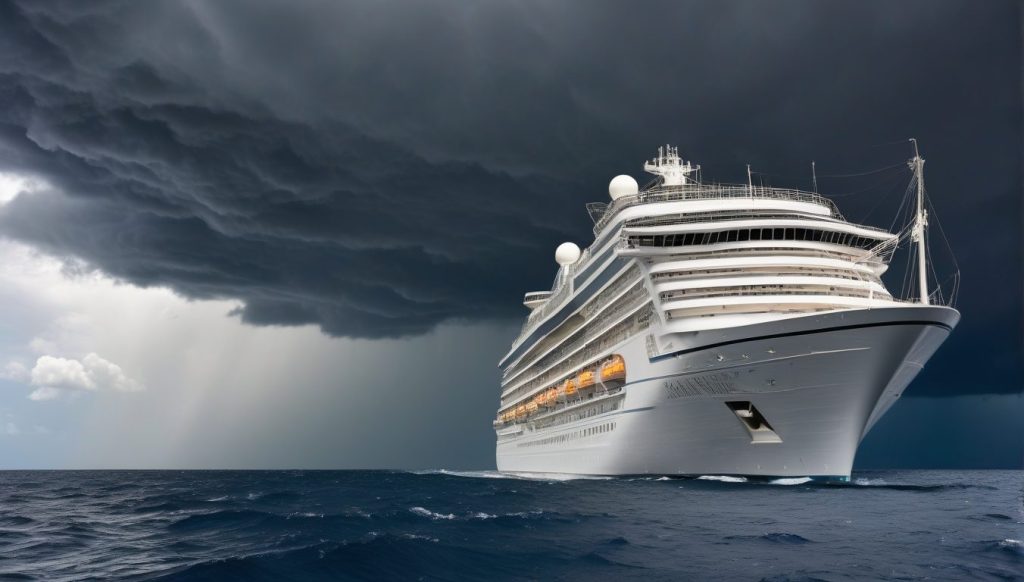 Cruise ship at sea with dark storm clouds in distance, conveying storm-season travel insurance readiness and peace of mind