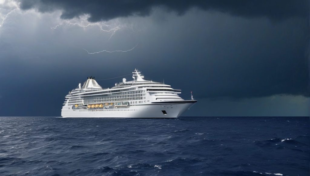 Cruise ship at sea with dark storm clouds in distance, conveying storm-season travel insurance readiness and peace of mind
