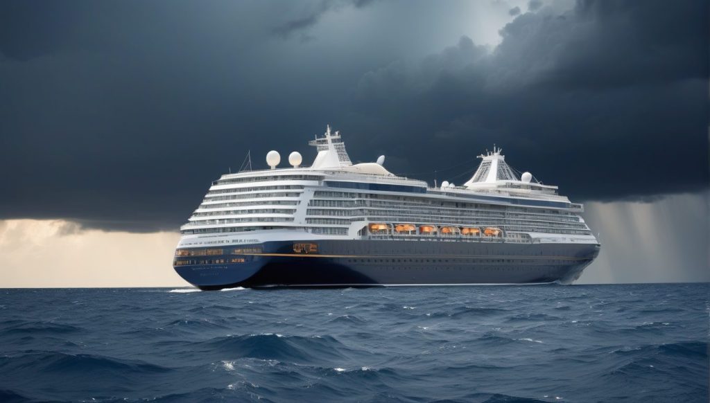 Cruise ship at sea with dark storm clouds in distance, conveying storm-season travel insurance readiness and peace of mind