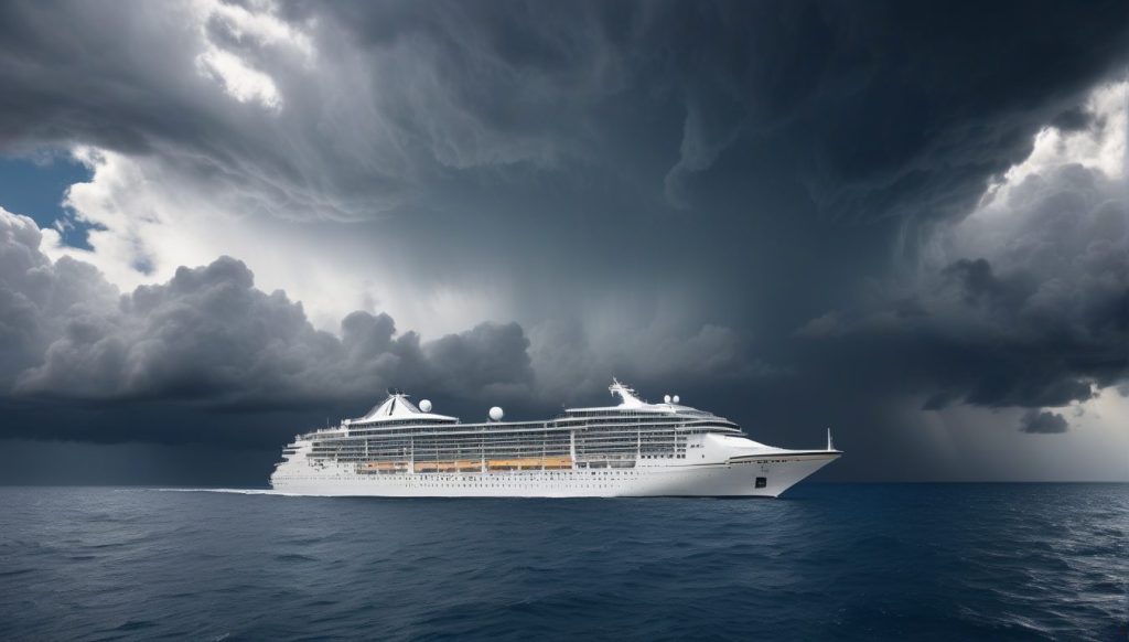 Cruise ship at sea with dark storm clouds in distance, conveying storm-season travel insurance readiness and peace of mind