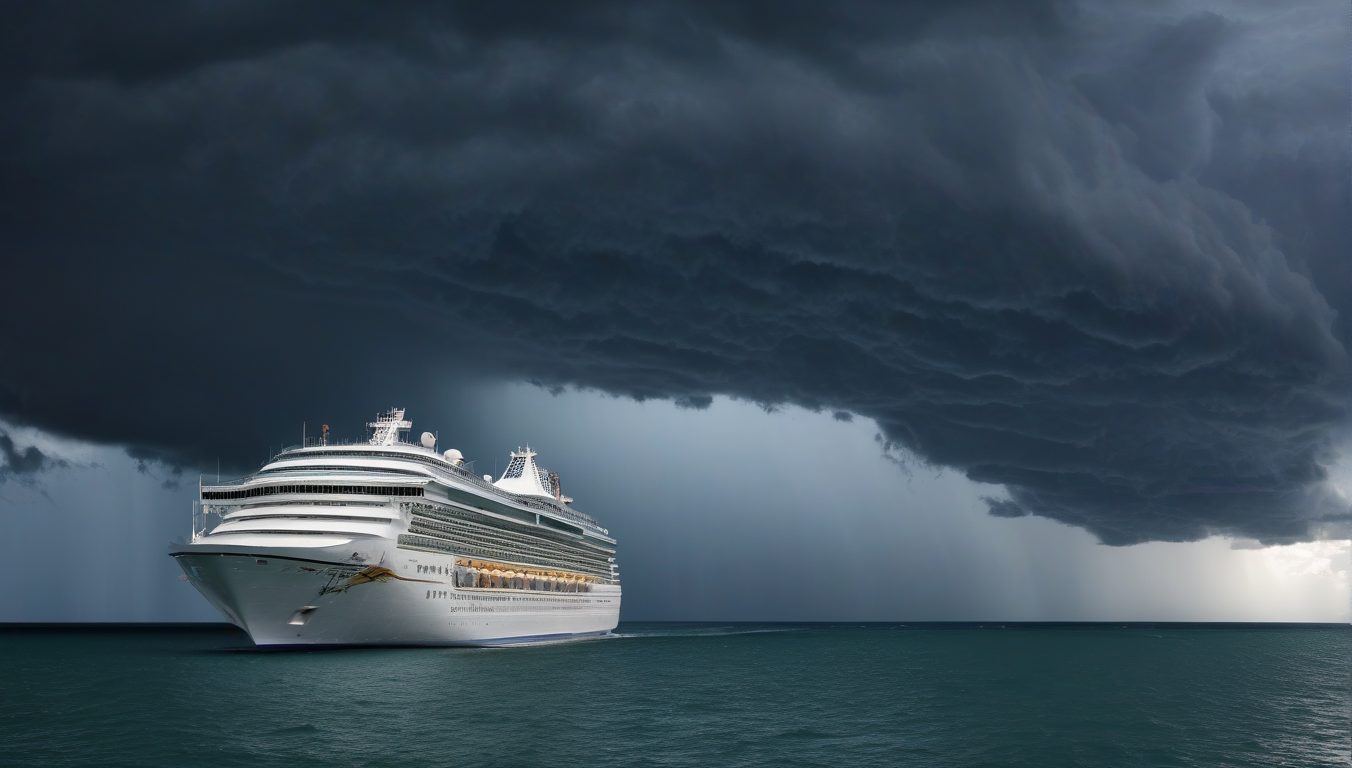 Cruise ship anchored safely as tropical storm clouds gather in the distance, representing traveler protection through hurricane coverage
