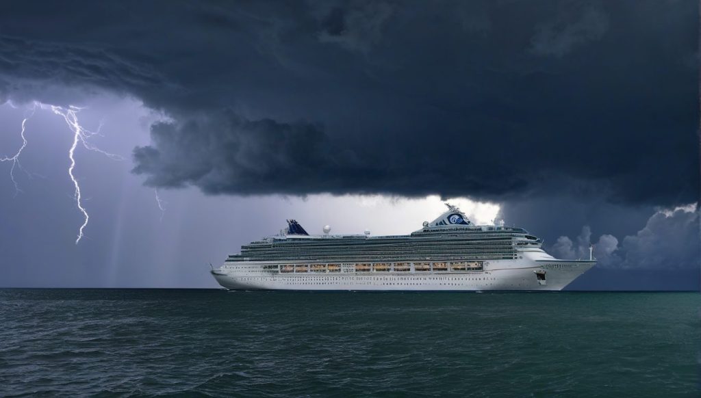 Cruise ship anchored safely as tropical storm clouds gather in the distance, representing traveler protection through hurricane coverage