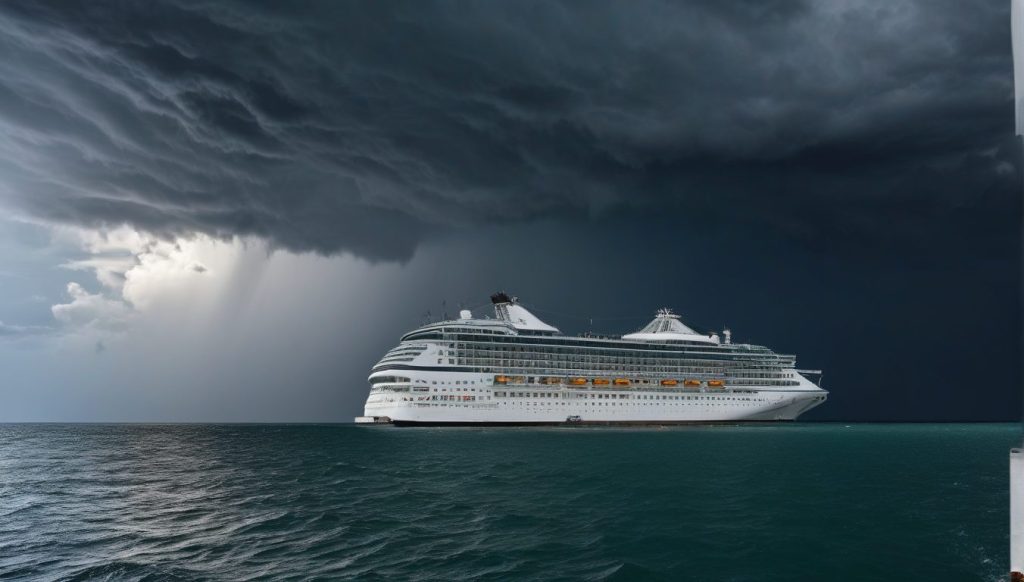 Cruise ship anchored safely as tropical storm clouds gather in the distance, representing traveler protection through hurricane coverage