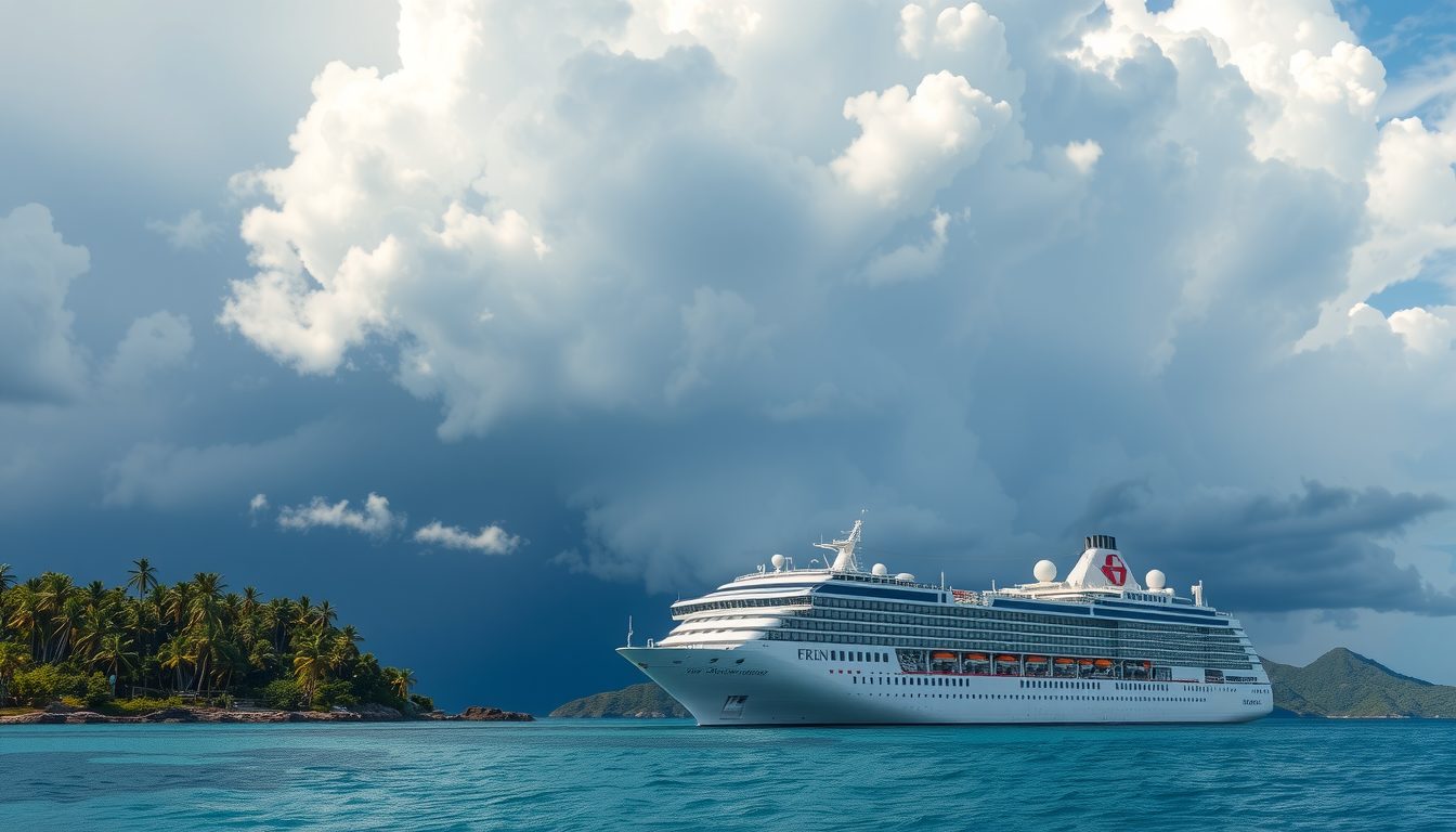 Cruise ship at sea beneath light storm clouds, representing traveler confidence during hurricane season with CFAR insurance