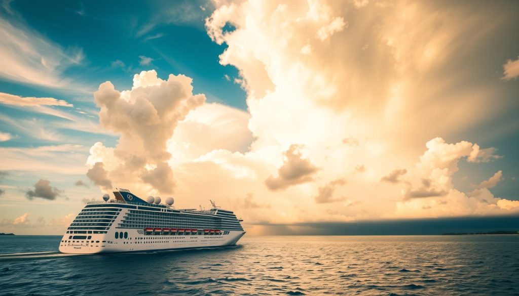 Cruise ship at sea beneath light storm clouds, representing traveler confidence during hurricane season with CFAR insurance