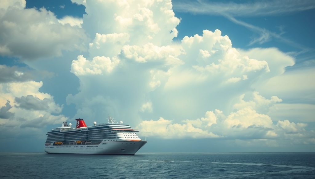 Cruise ship at sea beneath light storm clouds, representing traveler confidence during hurricane season with CFAR insurance