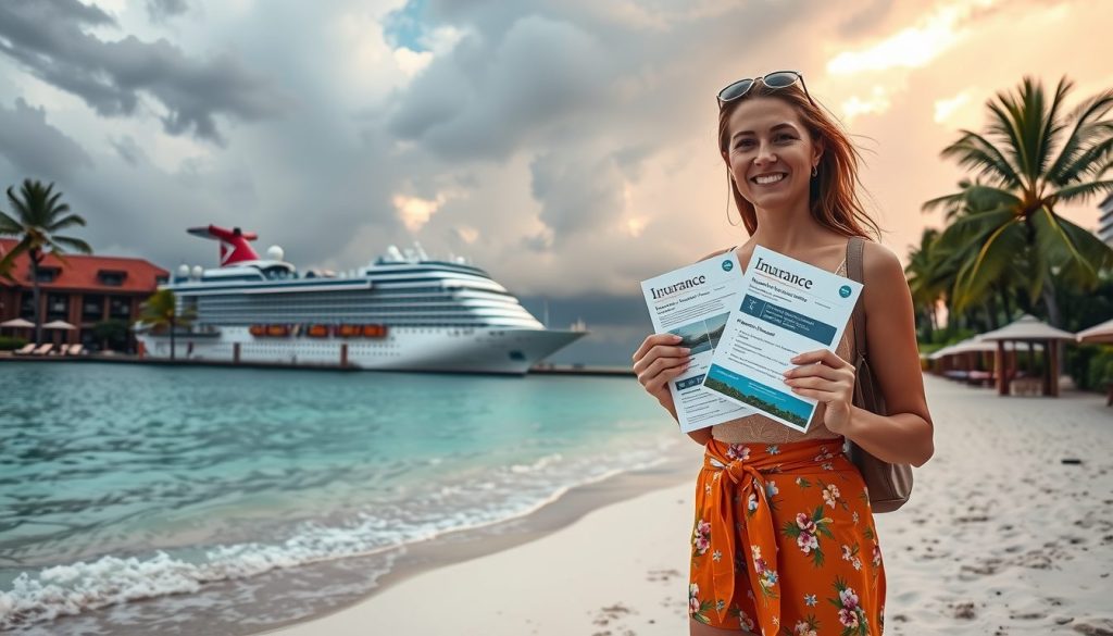 Traveler holding insurance documents at a luxury beach resort with dramatic storm clouds in the background, symbolizing preparedness and confidence for hurricane season.