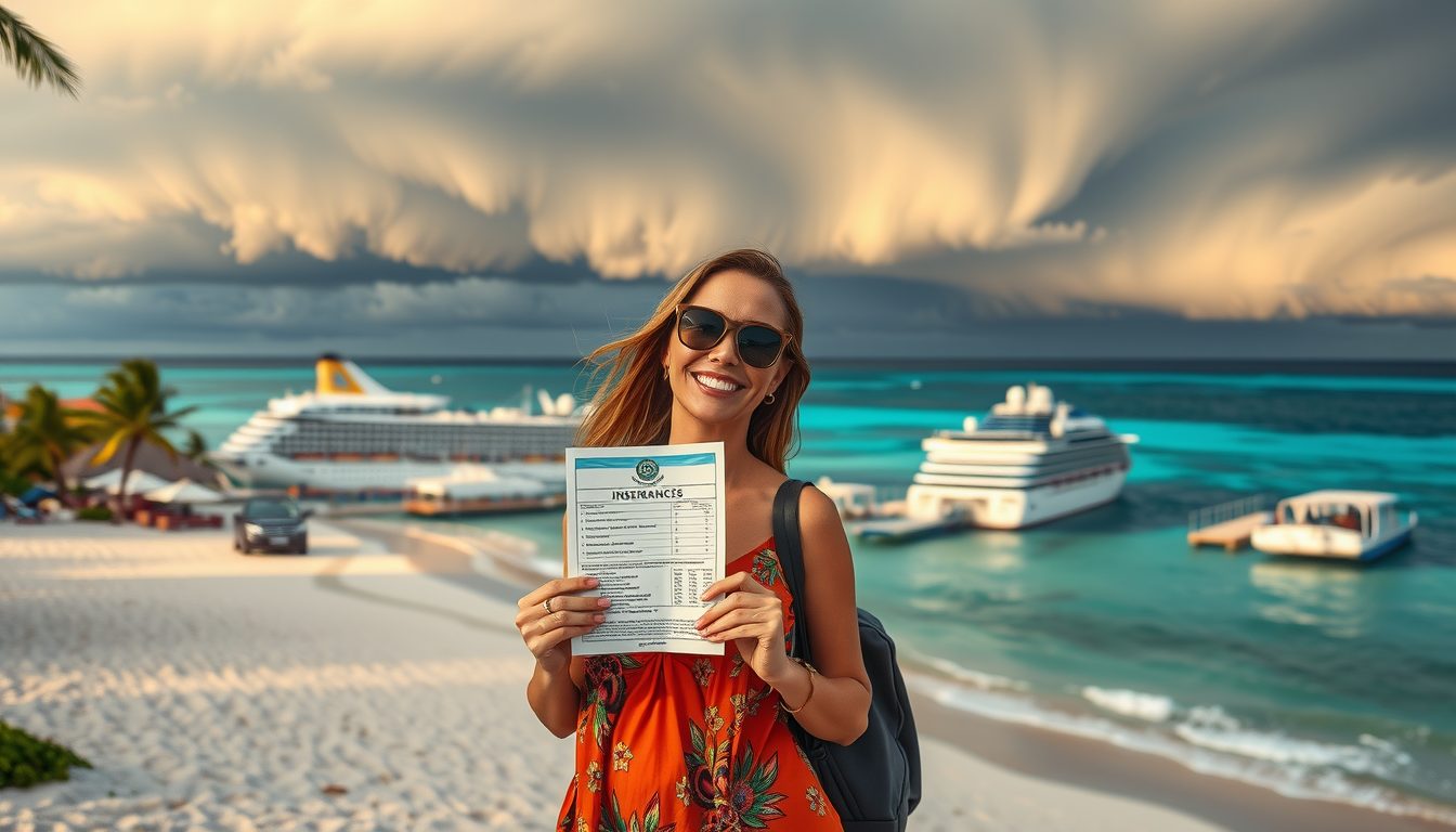Traveler holding insurance documents at a luxury beach resort with dramatic storm clouds in the background, symbolizing preparedness and confidence for hurricane season.