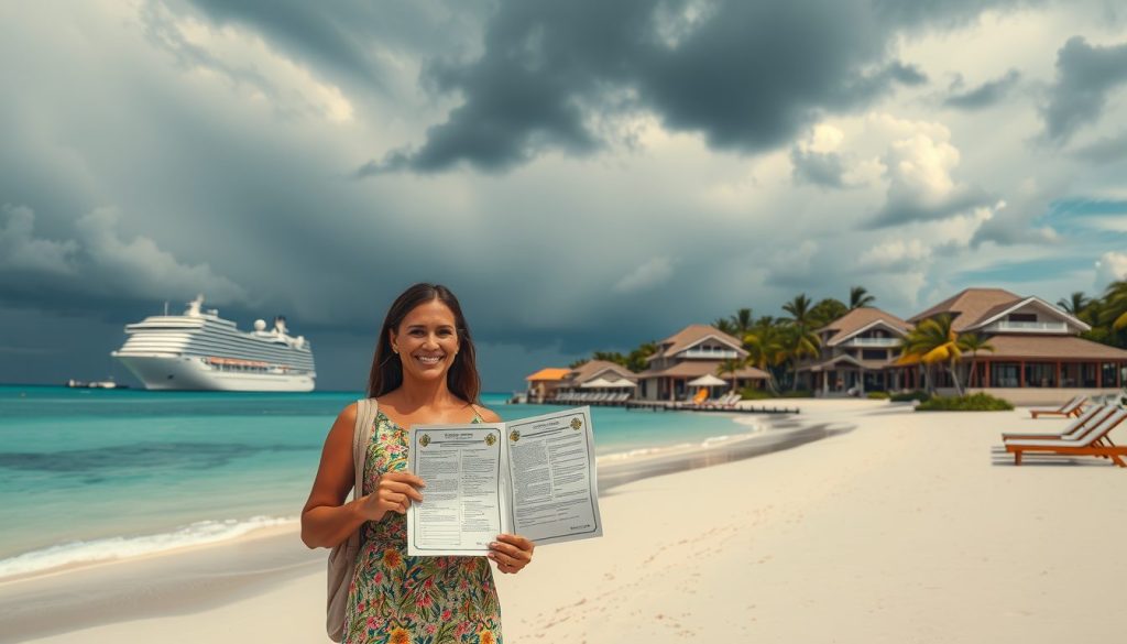 Traveler holding insurance documents at a luxury beach resort with dramatic storm clouds in the background, symbolizing preparedness and confidence for hurricane season.