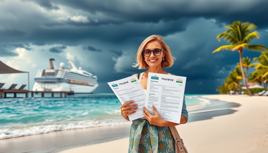 Traveler holding insurance documents at a luxury beach resort with dramatic storm clouds in the background, symbolizing preparedness and confidence for hurricane season.
