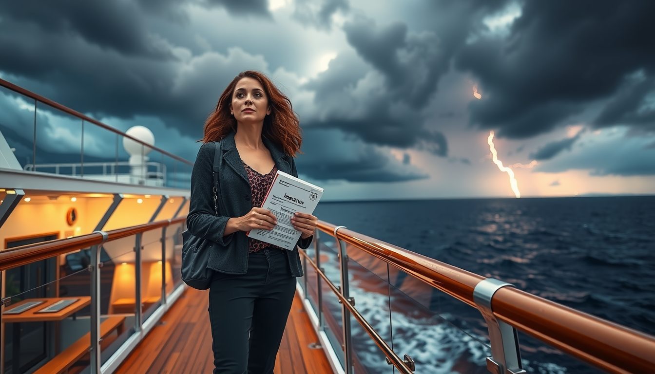 Luxury cruise ship under dramatic storm clouds during hurricane season, with a traveler confidently holding insurance documents on the deck
