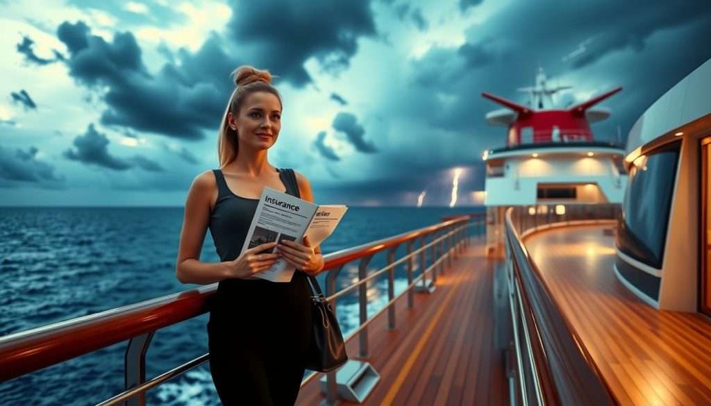 Luxury cruise ship under dramatic storm clouds during hurricane season, with a traveler confidently holding insurance documents on the deck