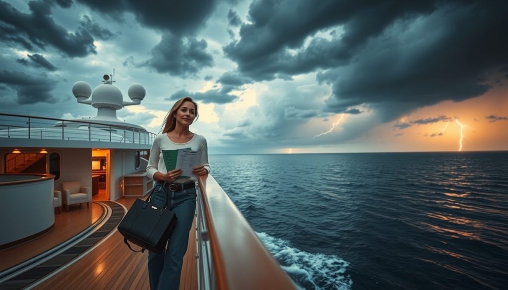 Luxury cruise ship under dramatic storm clouds during hurricane season, with a traveler confidently holding insurance documents on the deck