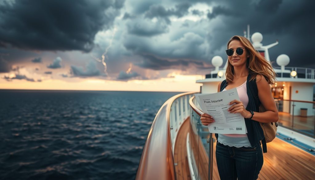 Luxury cruise ship under dramatic storm clouds during hurricane season, with a traveler confidently holding insurance documents on the deck