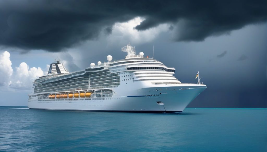 Cruise ship in tropical waters with dark clouds forming