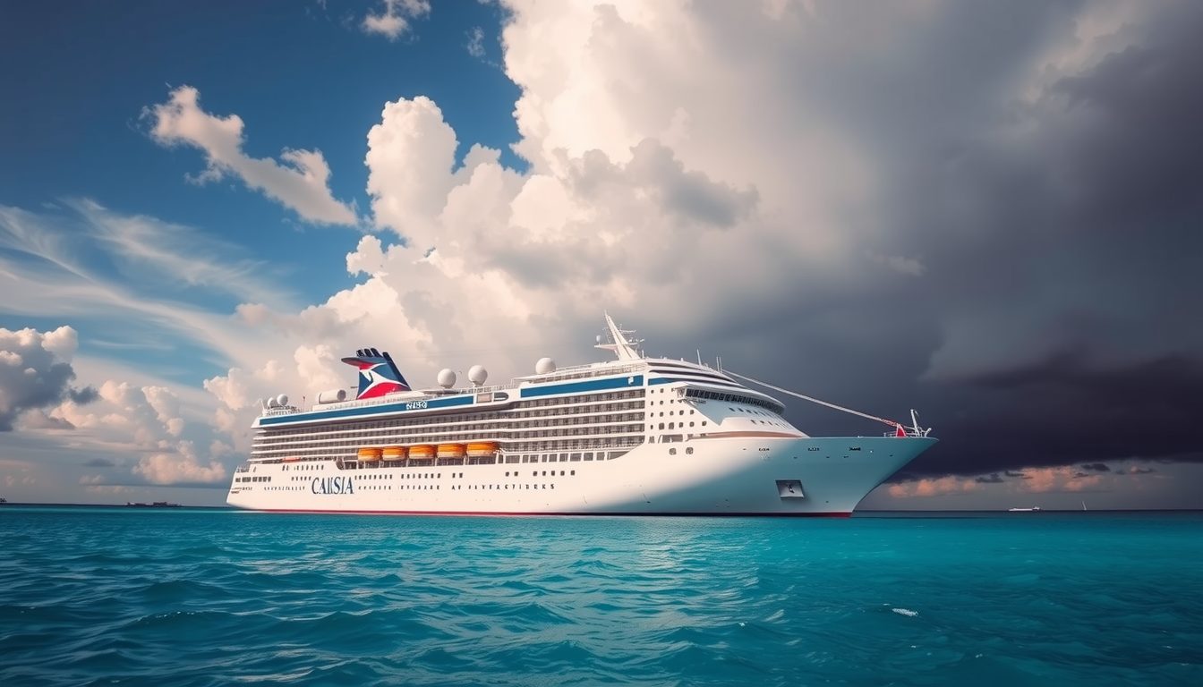 Photo-realistic cruise ship sailing safely during hurricane season with storm clouds ahead