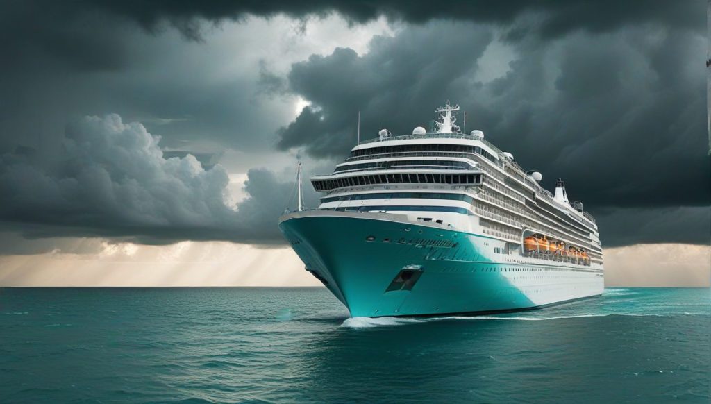 Safe cruising during hurricane season with calm ocean and storm clouds forming on horizon