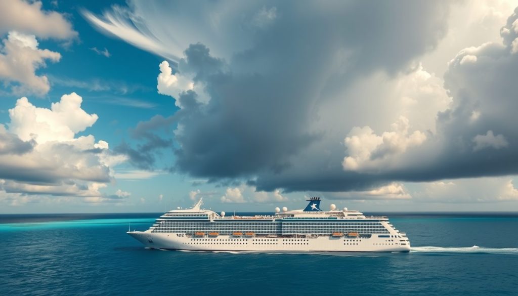 Photo-realistic image of cruise ship avoiding storms with calm seas and dramatic skies