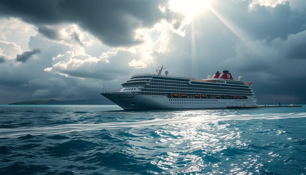 Cruise ship at port after a hurricane, representing traveler protection through refund and insurance coverage.