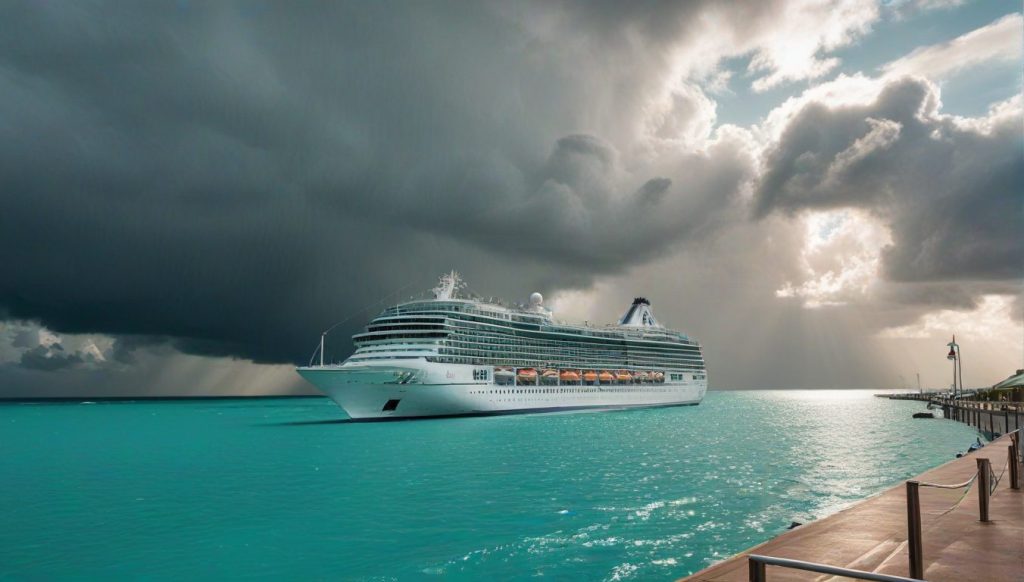 Cruise ship at port after a hurricane, representing traveler protection through refund and insurance coverage.
