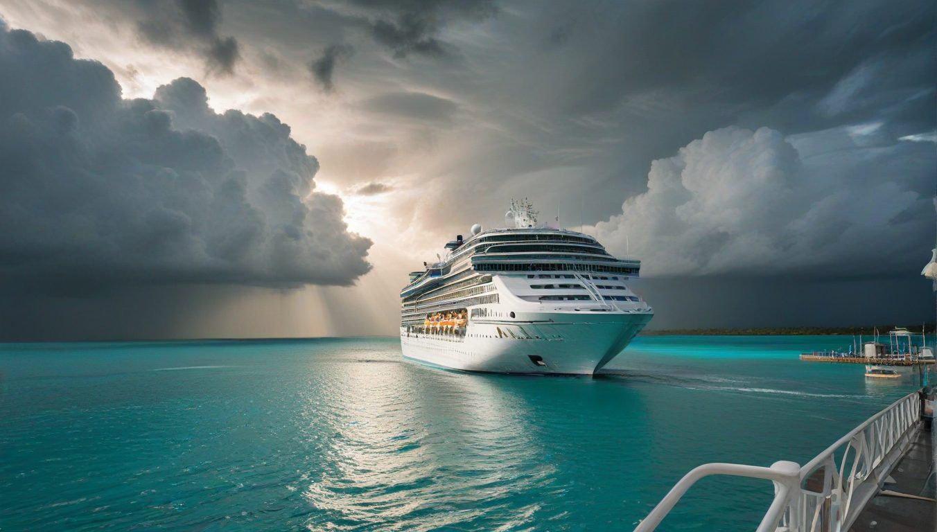 Cruise ship at port after a hurricane, representing traveler protection through refund and insurance coverage.