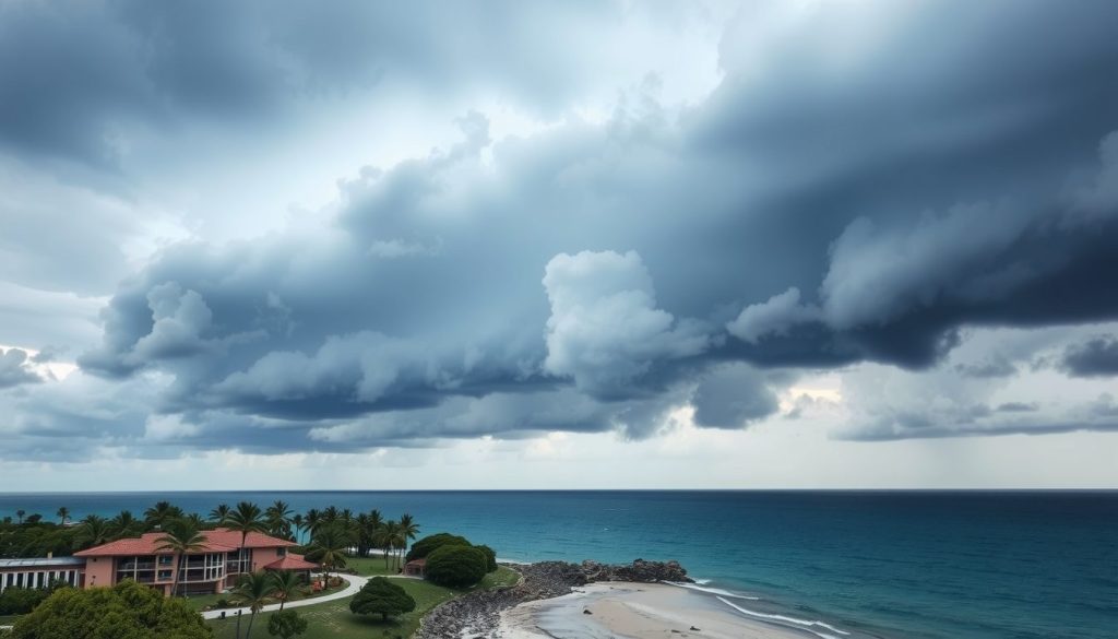 Resort villa on tropical shoreline with looming storm clouds, representing secure travel protection during hurricane risk
