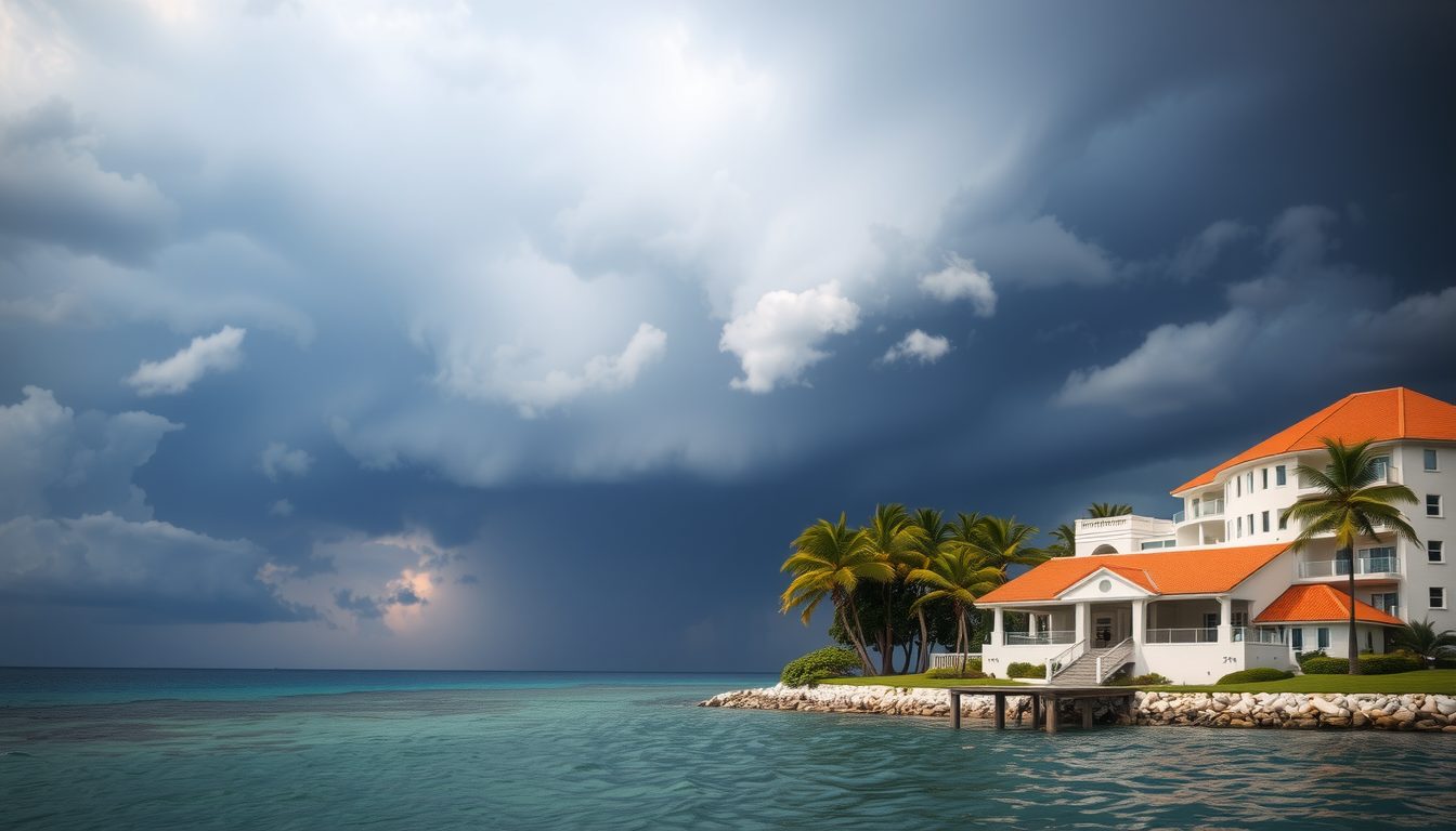 Resort villa on tropical shoreline with looming storm clouds, representing secure travel protection during hurricane risk.
