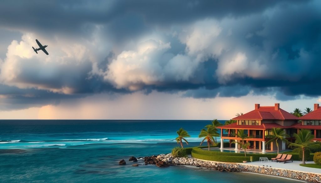 Resort villa on tropical shoreline with looming storm clouds, representing secure travel protection during hurricane risk