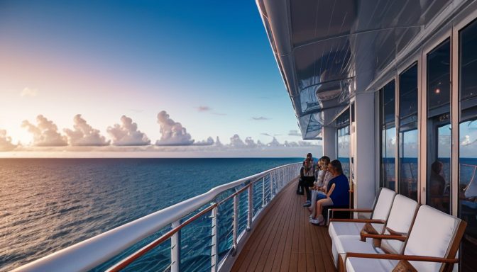 Couple and friends sit near the railing of a high cruise deck, quietly taking in the pastel colors of sunset at sea