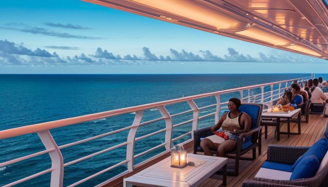 Cozy evening scene on a cruise deck, passengers in blue armchairs watching the sea under a softly lit overhang