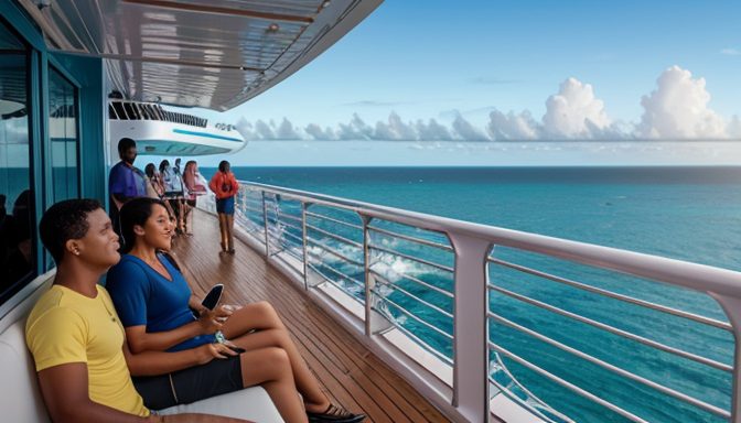 Young couple seated on a side deck as fellow cruisers lean on the rail and look out over the turquoise ocean