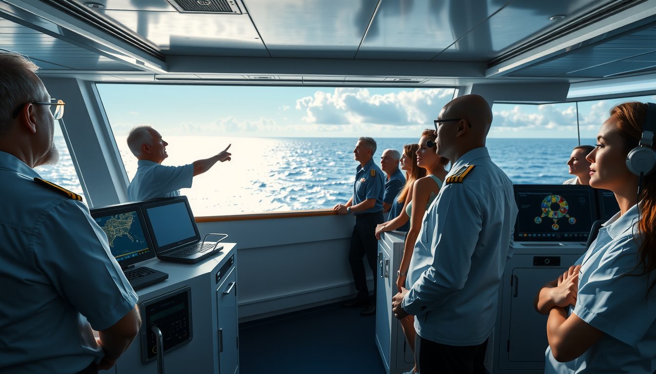 Guests listen attentively as a senior officer points toward the horizon from the glass-walled bridge of a modern cruise ship