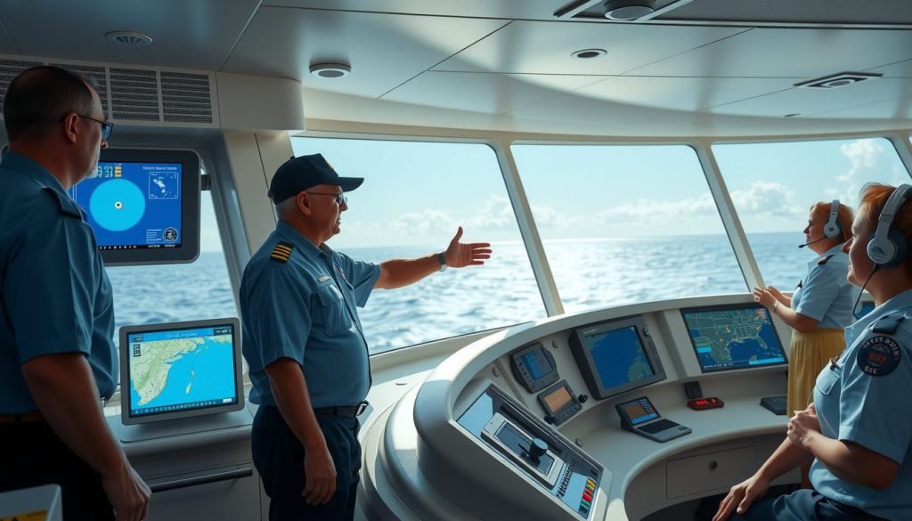 Wide view of a high-tech cruise bridge where officers balance sea views with hurricane-tracking displays and controls