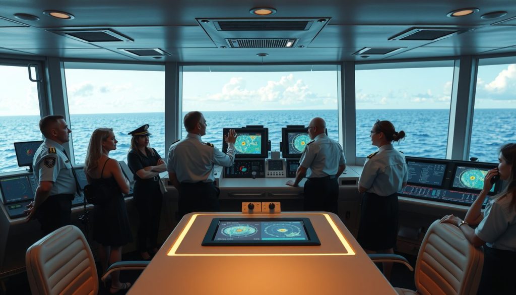 Wide view of modern cruise-ship bridge filled with navigation screens showing storm maps and safety routes