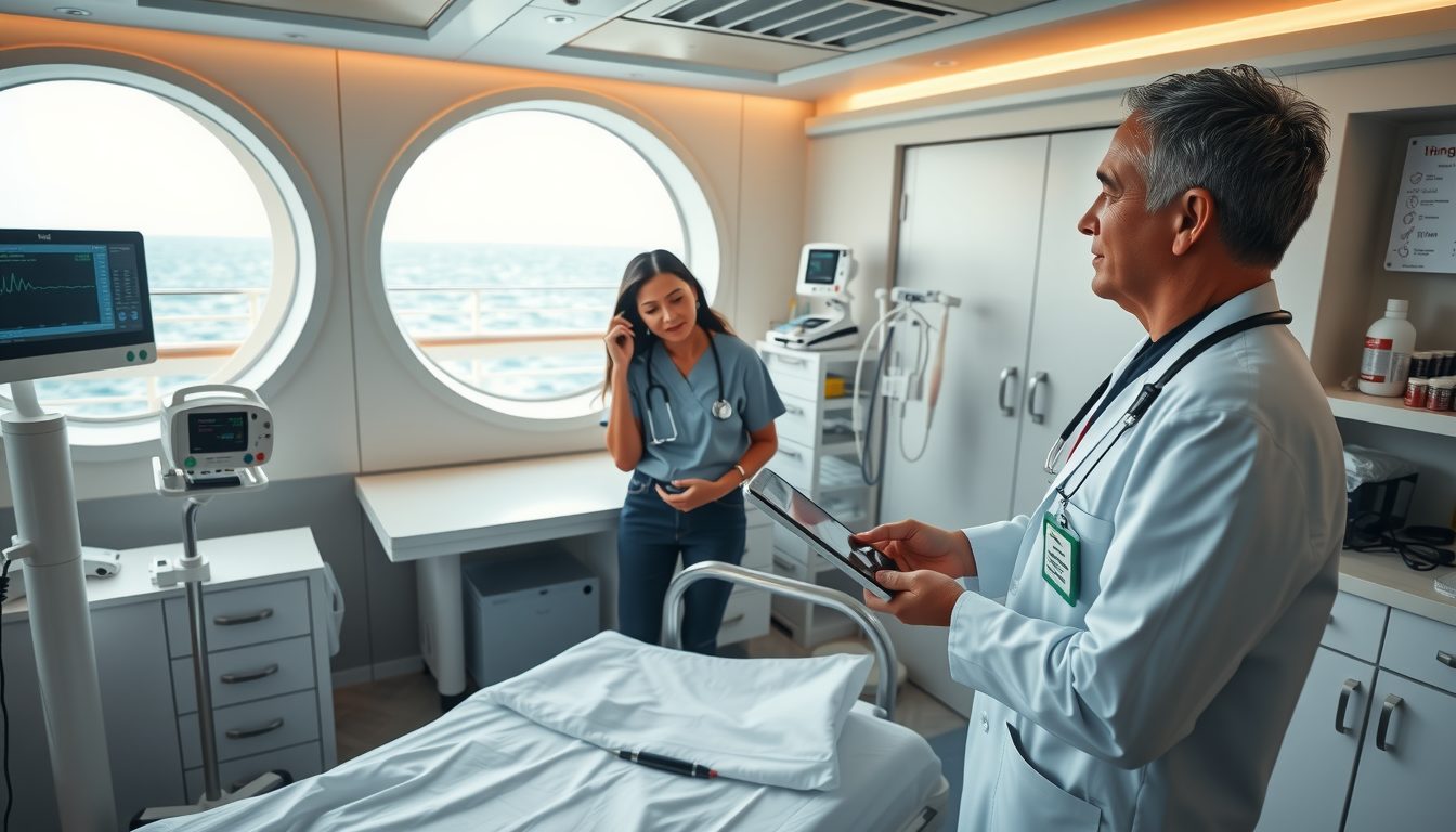 Cruise ship infirmary with a physician in a white coat holding a tablet and a nurse on the phone, with calm seas in the background