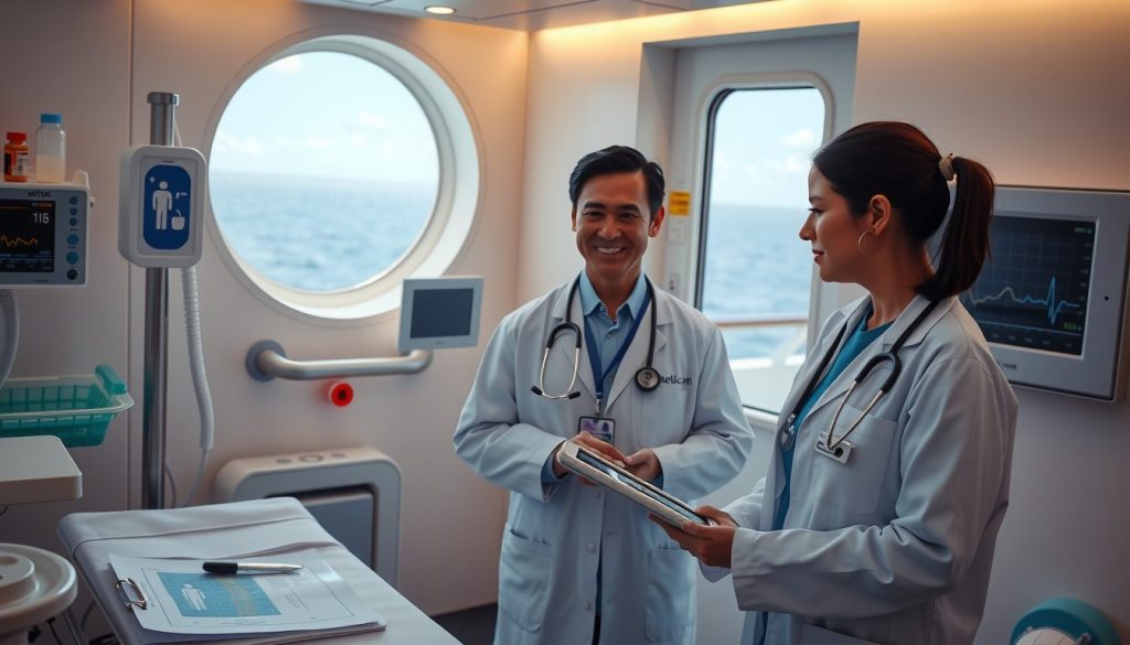 Cruise ship doctor with stethoscope talking with a colleague in a bright medical room with monitors and porthole window