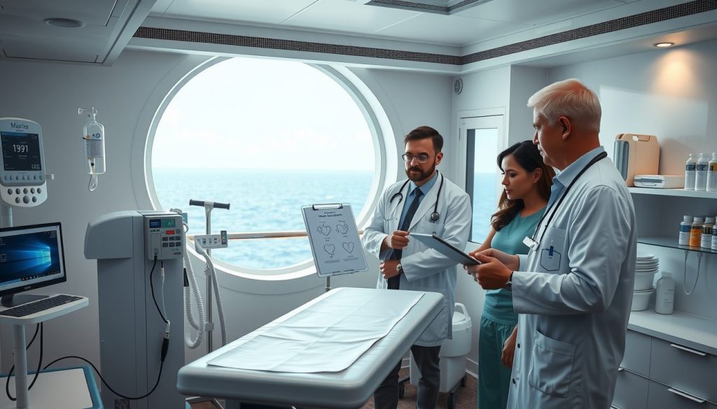 Doctor and nurses in a compact, hospital-style clinic on a cruise ship, standing beside neatly arranged medical devices with gentle waves visible through the window