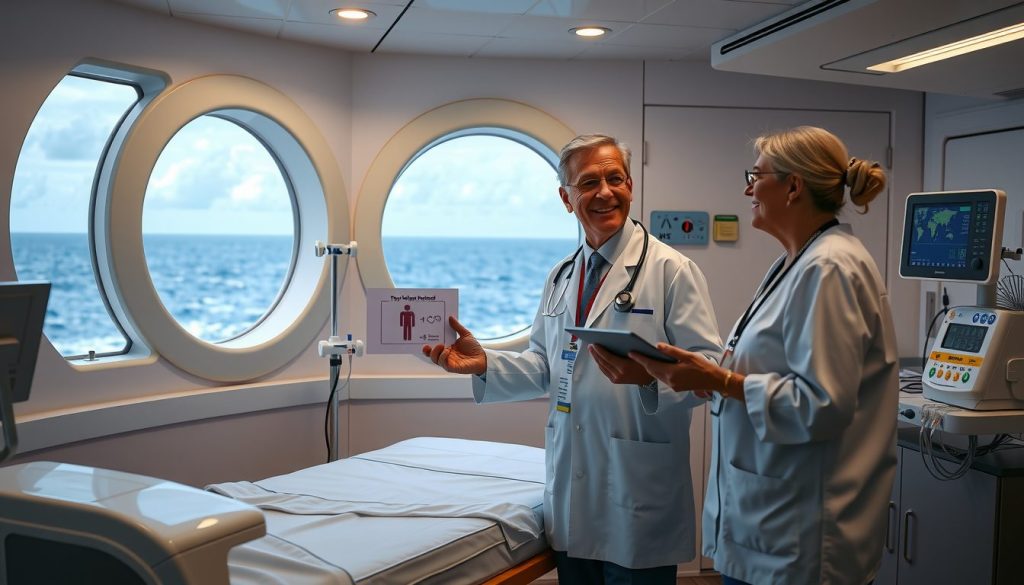 Smiling cruise ship doctor holding a simple health diagram while talking with a nurse inside a bright onboard medical clinic overlooking the ocean