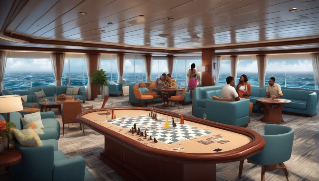 Game-focused cruise lounge featuring a giant chess-and-board game table, with guests scattered around the room and stormy blue waves visible in the background