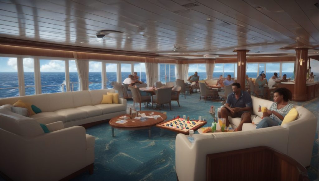Spacious observation lounge featuring cushioned sectionals, round wooden tables, and a board game in progress as the ship sails through gently rolling waves