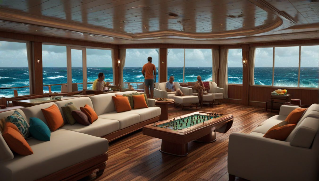 Guests enjoying drinks and conversation in a bright, sheltered cruise lounge as whitecaps and rough seas pass just outside the large windows