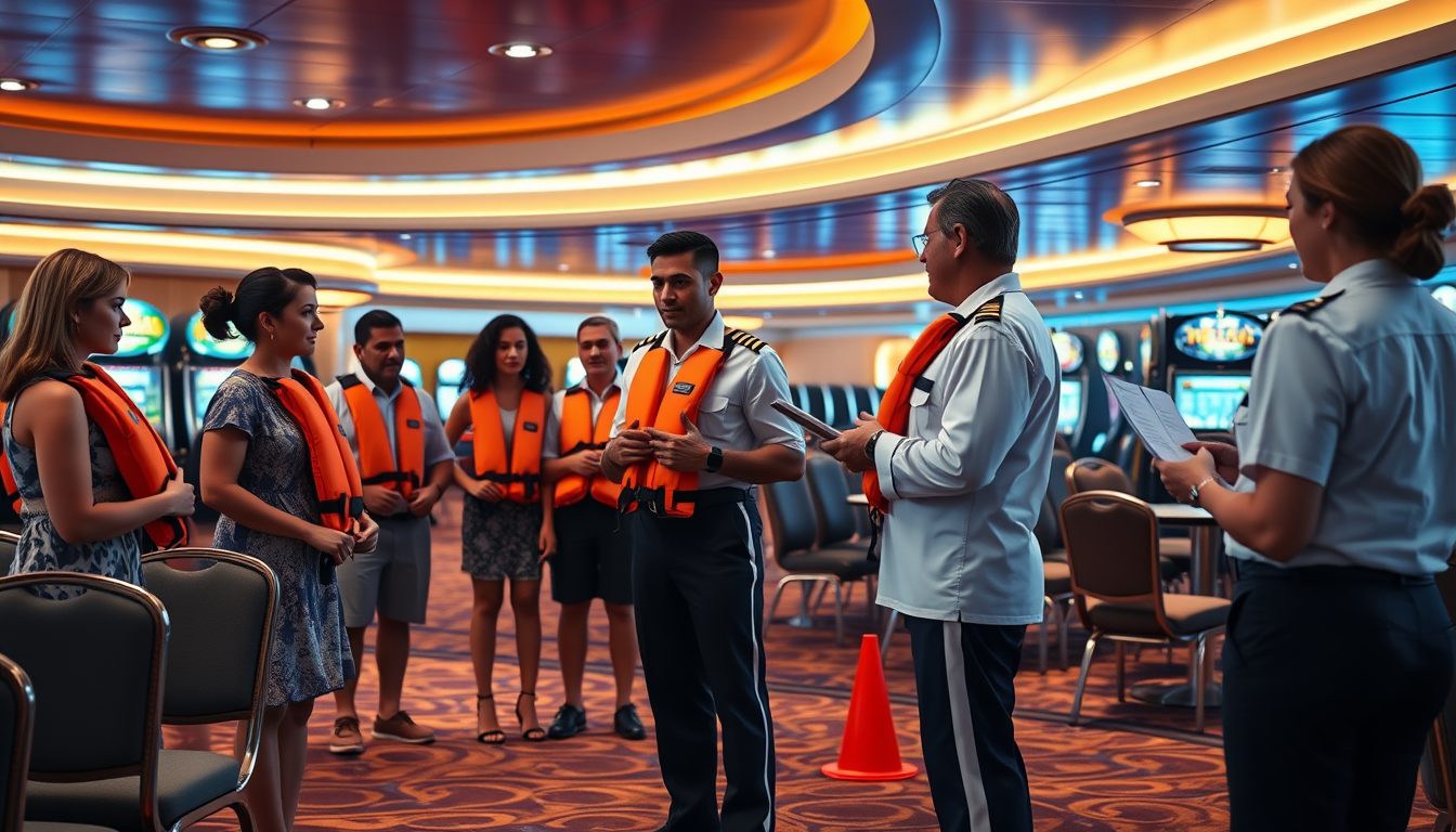 Group of casually dressed passengers participates in a lifeboat drill indoors as crew members read from safety checklists on a cruise ship