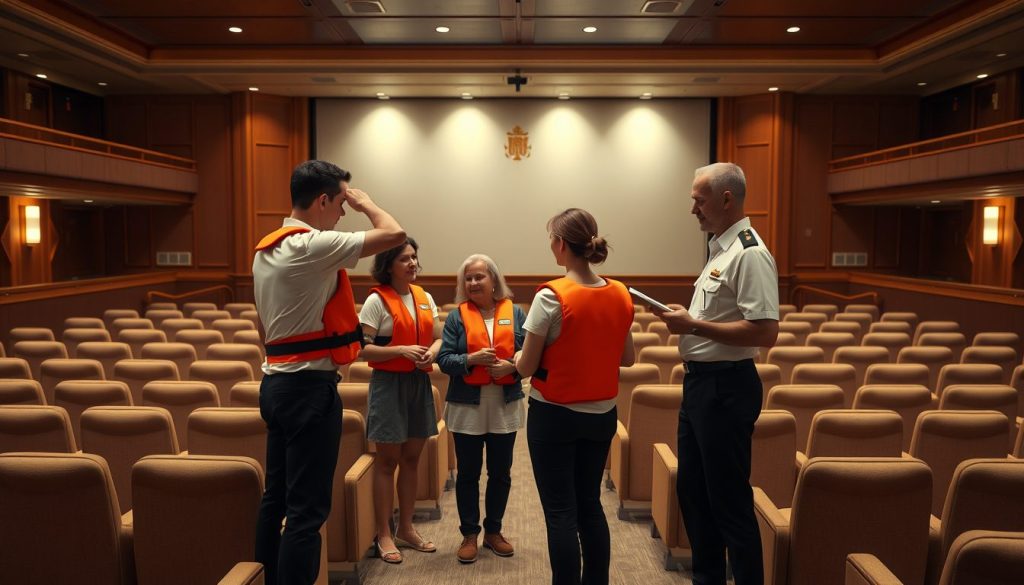 Orange life vests and orderly seating underscore a focused safety orientation led by cruise officers in a nearly empty onboard theater