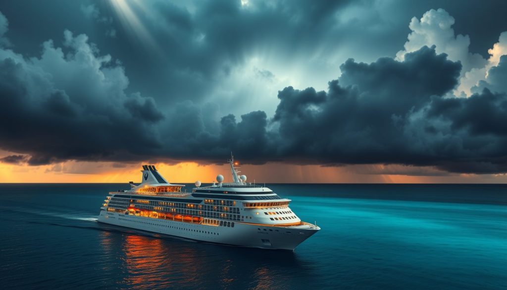 Cruise ship navigating calm waters with storm clouds gathering in the distance
