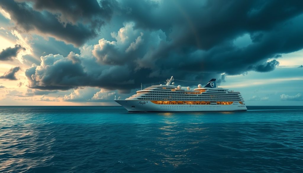 luxury cruise ship  illuminated against darkening skies, symbolizing safety during storm season