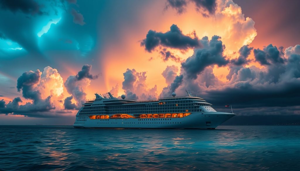 Ocean liner gliding through turquoise seas beneath dramatic cloud formations