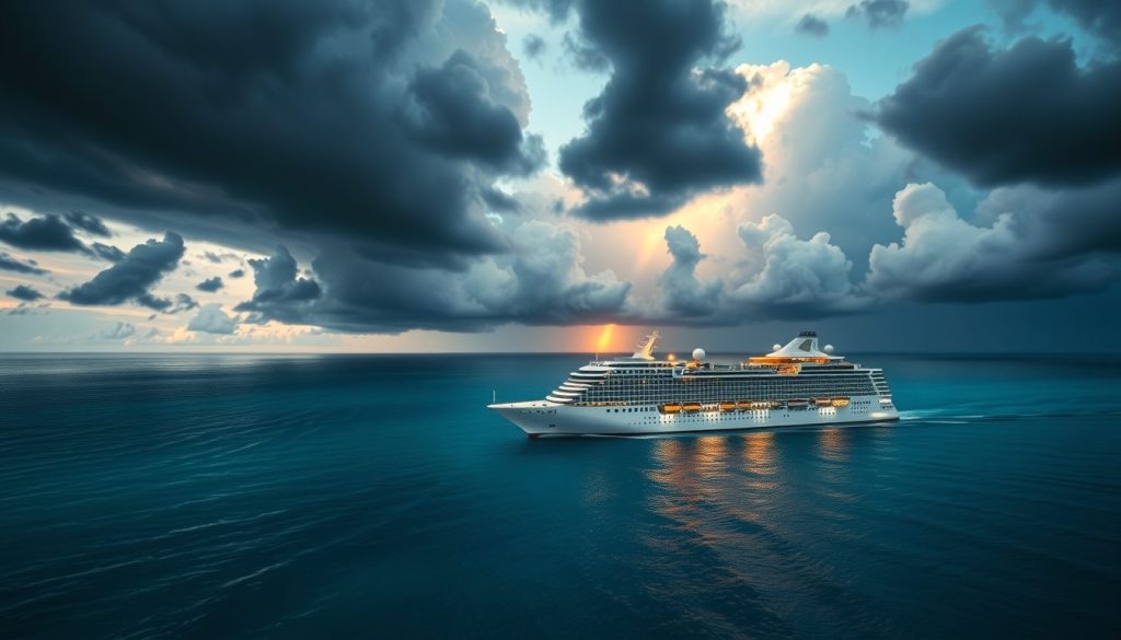 Cruise ship maintaining course as tropical skies shift from bright to stormy