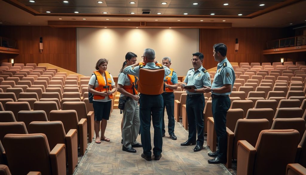 Cruise staff use an empty auditorium to walk a small group of passengers through life jacket fitting and emergency readiness